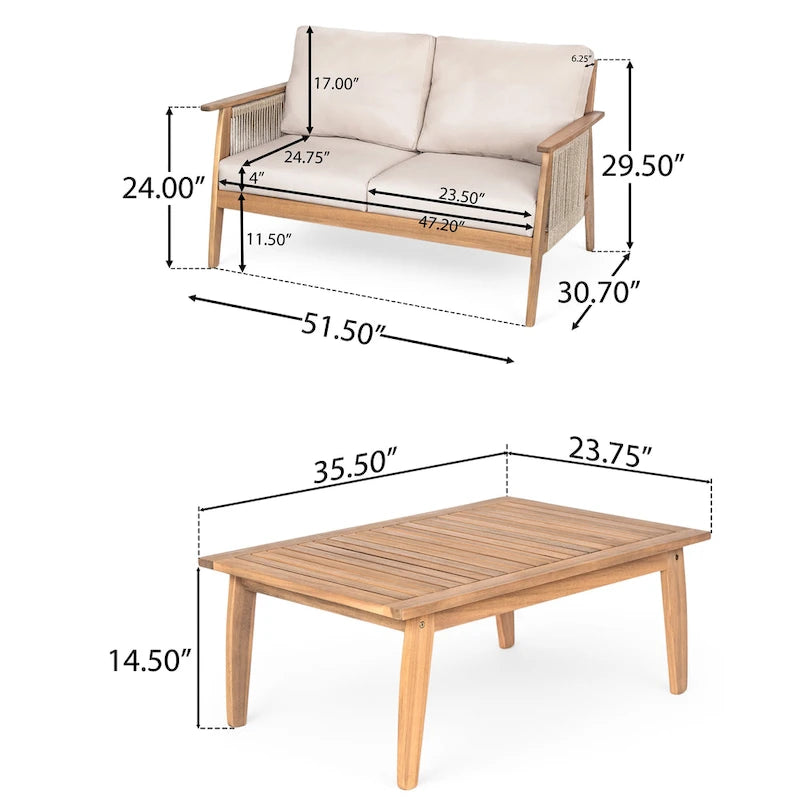 Outdoor 2-piece Acacia Wood and Rope Patio Chat Set