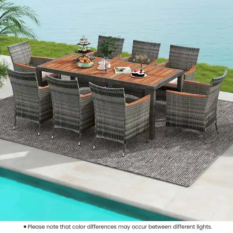 Costway 9 Pieces Outdoor Wicker Dining Set with Acacia Wood Table and - See Details