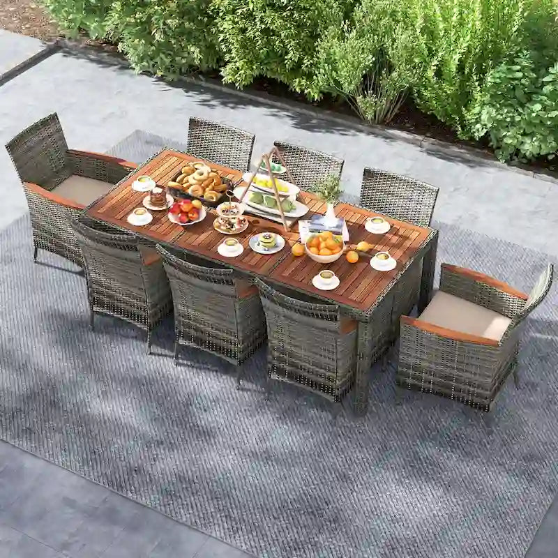 Costway 9 Pieces Outdoor Wicker Dining Set with Acacia Wood Table and - See Details