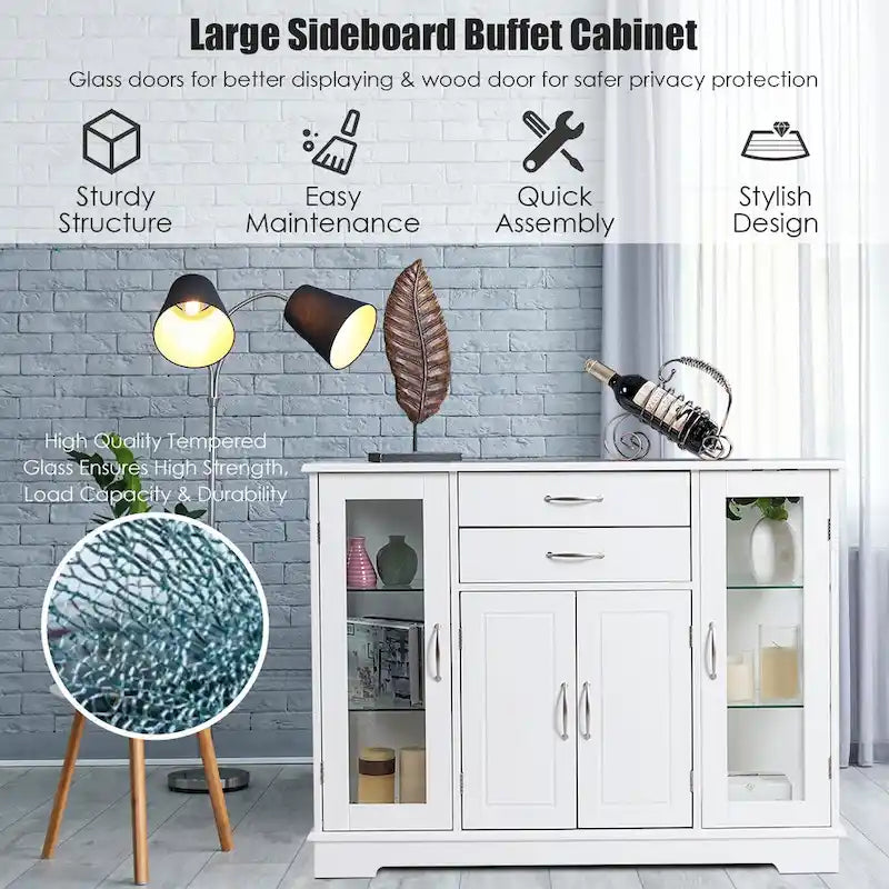 Costway Buffet Storage Cabinet Console Cupboard W/Glass Door Drawers