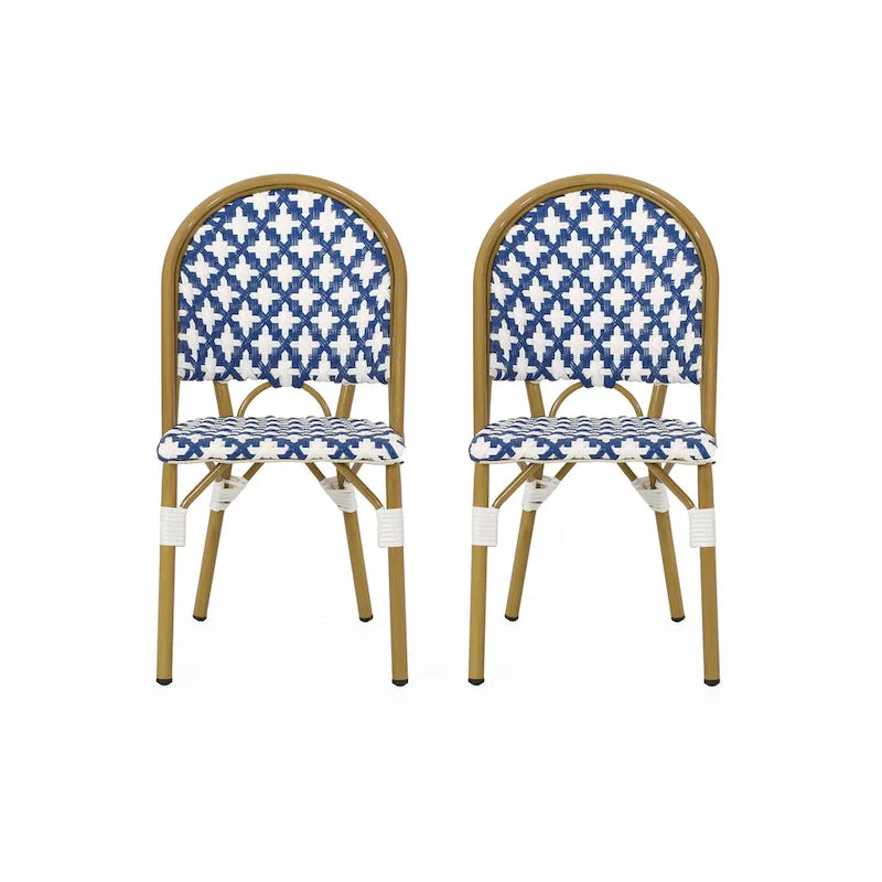 French Bistro Chair White Navy Aluminum PE Rattan Outdoor Cafe Patio Furniture 35in Tall
