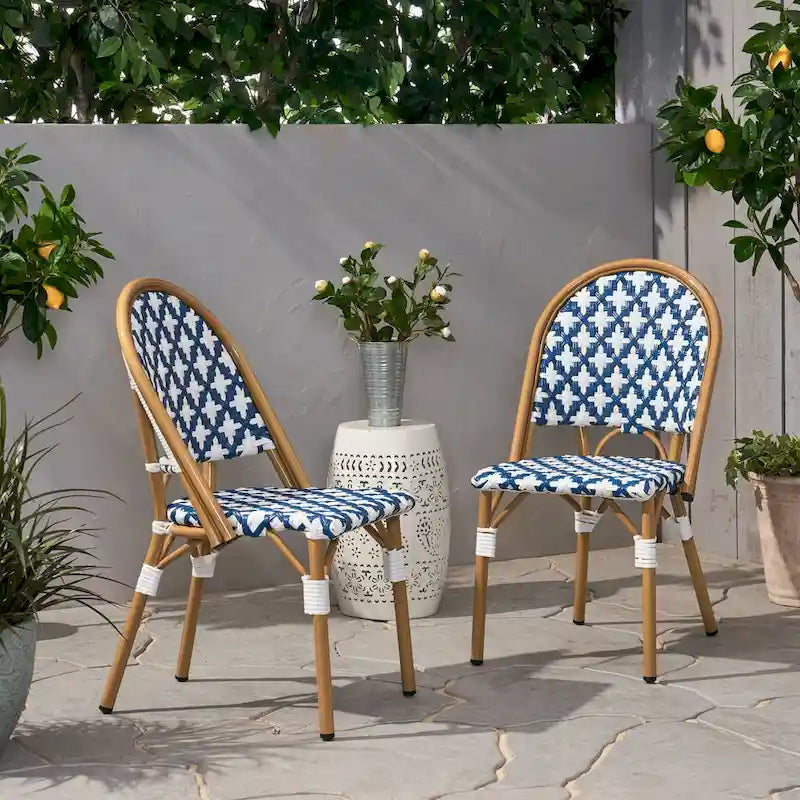 French Bistro Chair White Navy Aluminum PE Rattan Outdoor Cafe Patio Furniture 35in Tall
