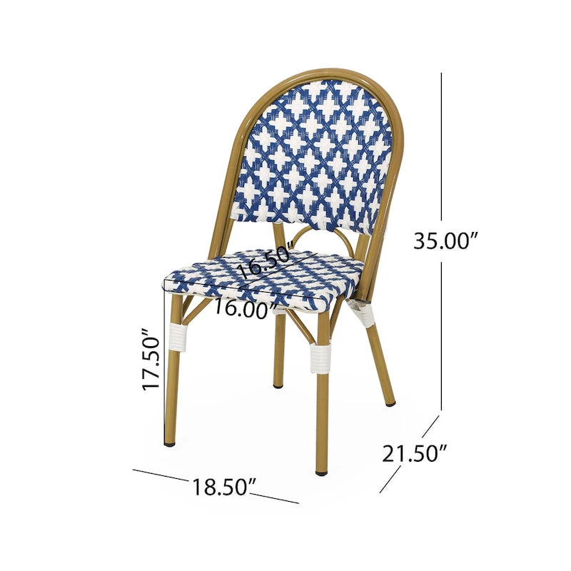 French Bistro Chair White Navy Aluminum PE Rattan Outdoor Cafe Patio Furniture 35in Tall