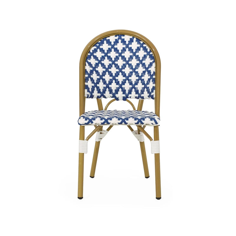 French Bistro Chair White Navy Aluminum PE Rattan Outdoor Cafe Patio Furniture 35in Tall