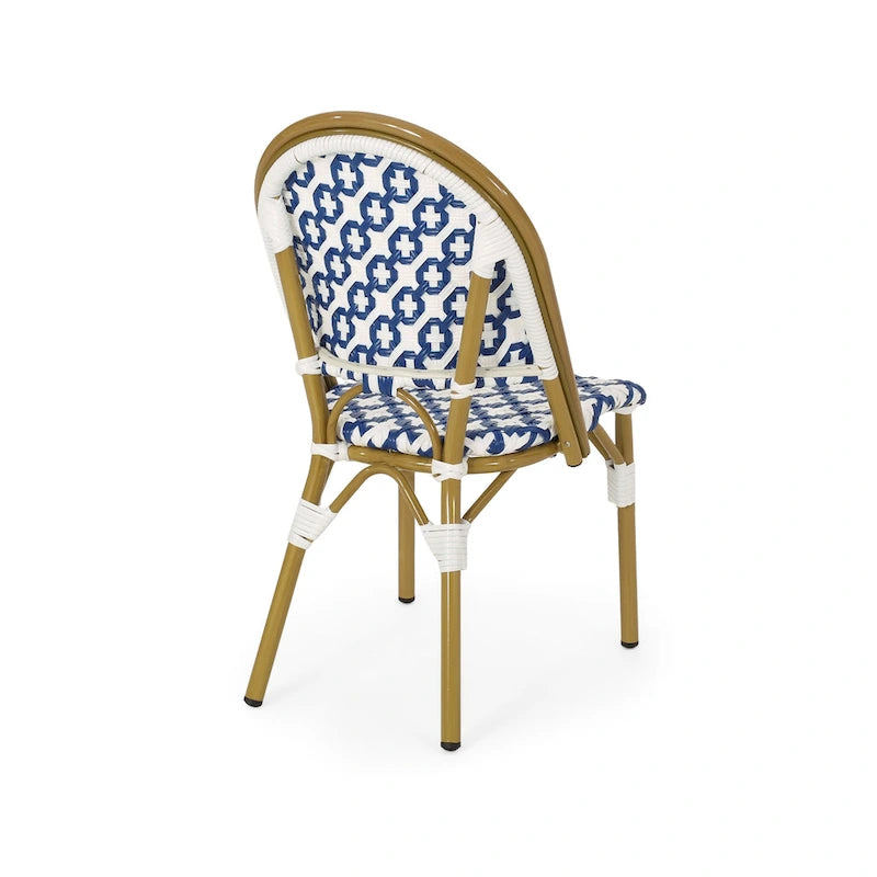 French Bistro Chair White Navy Aluminum PE Rattan Outdoor Cafe Patio Furniture 35in Tall