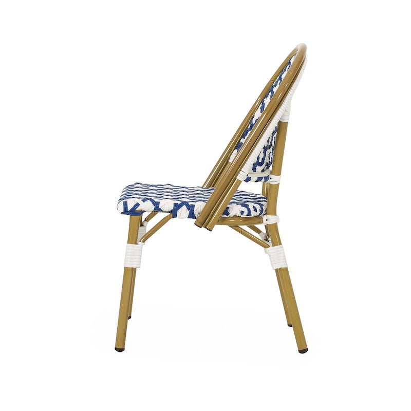 French Bistro Chair White Navy Aluminum PE Rattan Outdoor Cafe Patio Furniture 35in Tall
