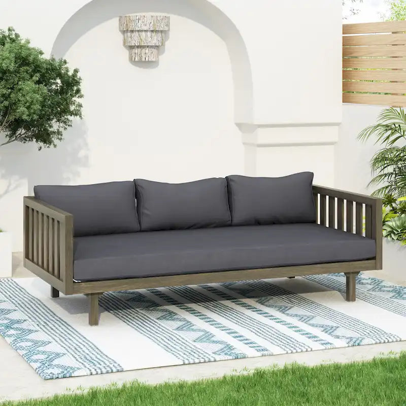 Daybed 3-Seater Slat Design Acacia Wood Waterproof Fabric Outdoor Lounger