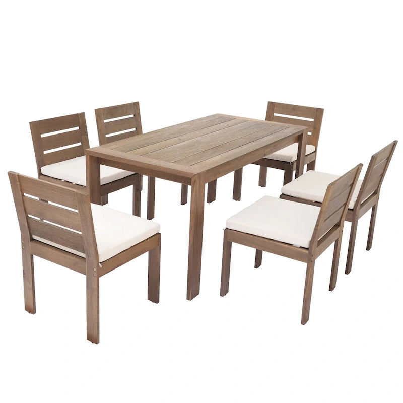 7-Piece Outdoor Patio Acacia Wood Dining Set with Rectangular Table and 6 Cushioned Chairs