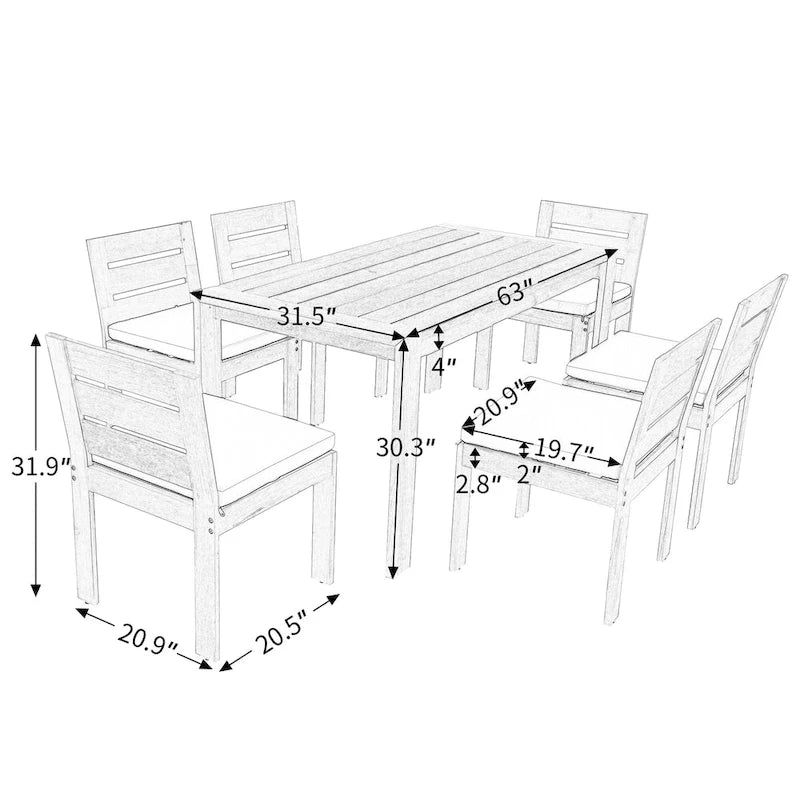 7-Piece Outdoor Patio Acacia Wood Dining Set with Rectangular Table and 6 Cushioned Chairs