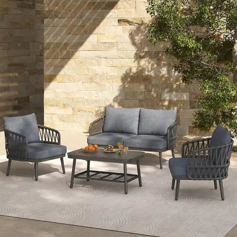 4-Piece Outdoor Patio Furniture Set, All Weather Sectional Furniture Set with Woven Rope Chairs and Coffee Table