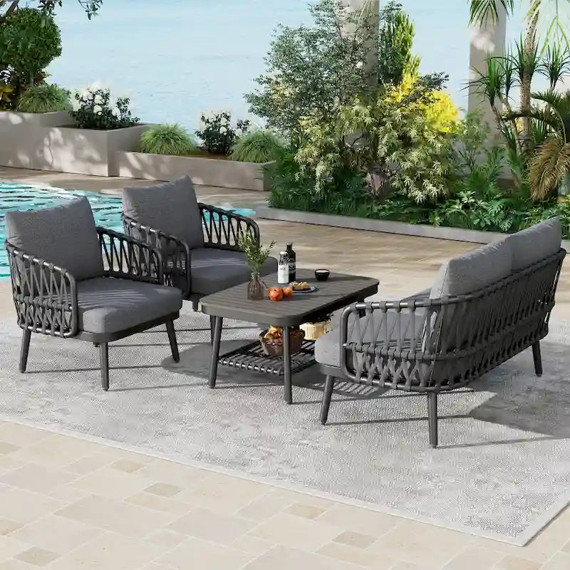 4-Piece Outdoor Patio Furniture Set, All Weather Sectional Furniture Set with Woven Rope Chairs and Coffee Table