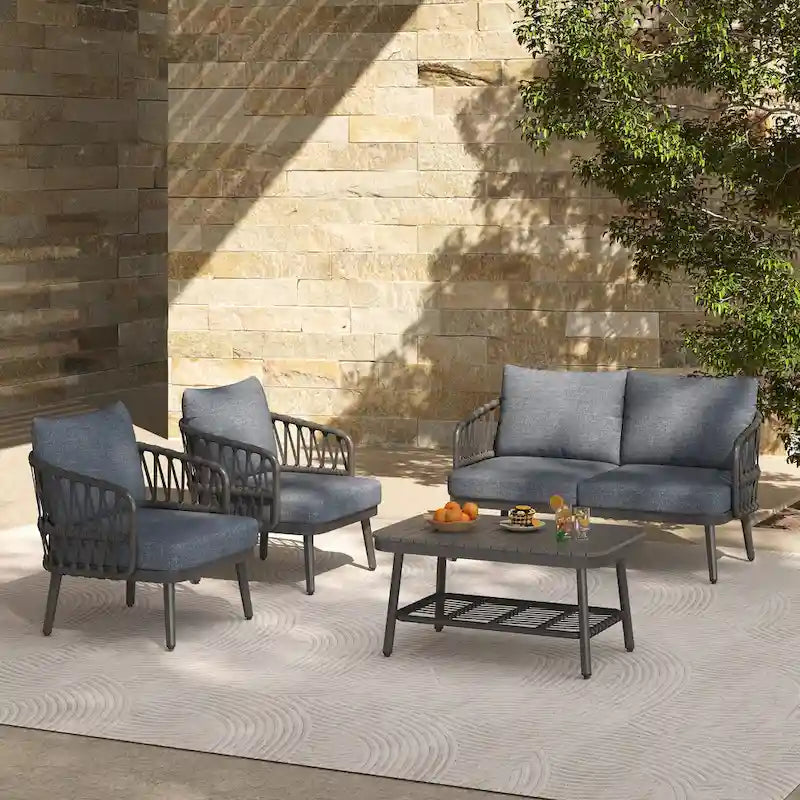 4-Piece Outdoor Patio Furniture Set, All Weather Sectional Furniture Set with Woven Rope Chairs and Coffee Table