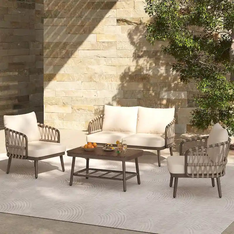 4-Piece Outdoor Patio Furniture Set, All Weather Sectional Furniture Set with Woven Rope Chairs and Coffee Table