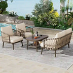 4-Piece Outdoor Patio Furniture Set, All Weather Sectional Furniture Set with Woven Rope Chairs and Coffee Table