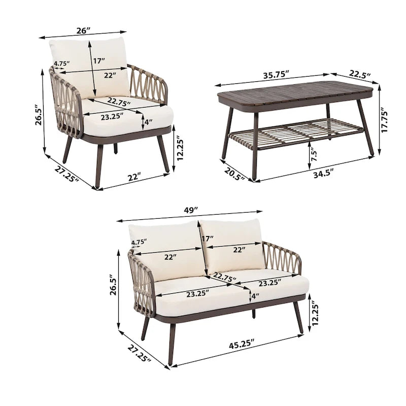 4-Piece Outdoor Patio Furniture Set, All Weather Sectional Furniture Set with Woven Rope Chairs and Coffee Table