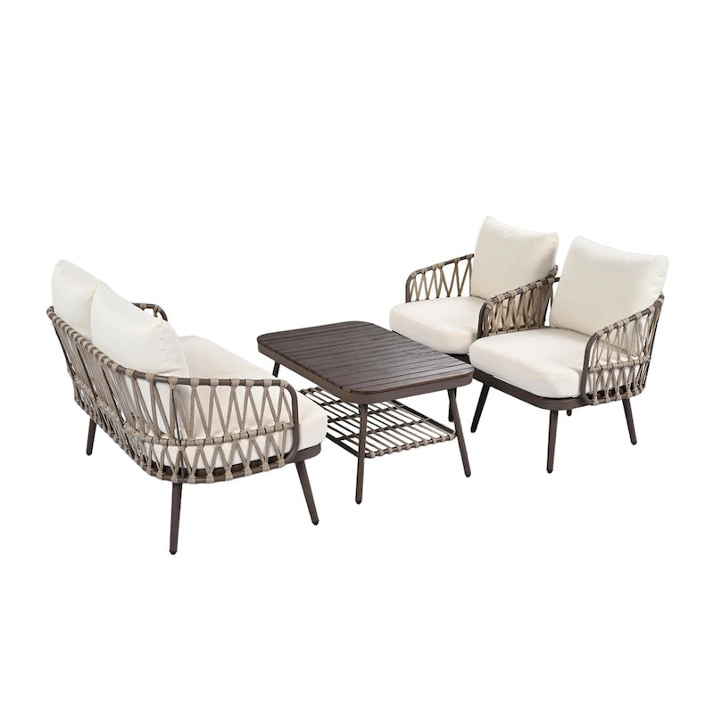 4-Piece Outdoor Patio Furniture Set, All Weather Sectional Furniture Set with Woven Rope Chairs and Coffee Table