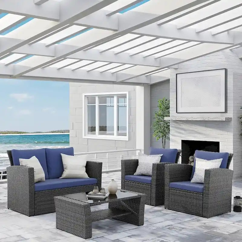 4 Piece Patio Wicker Furniture Set, Outdoor Rattan Sectional Sofa Set with Tempered Glass Coffee Table and Cushions