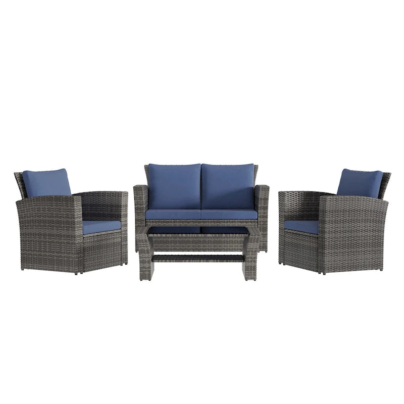 4 Piece Patio Wicker Furniture Set, Outdoor Rattan Sectional Sofa Set with Tempered Glass Coffee Table and Cushions