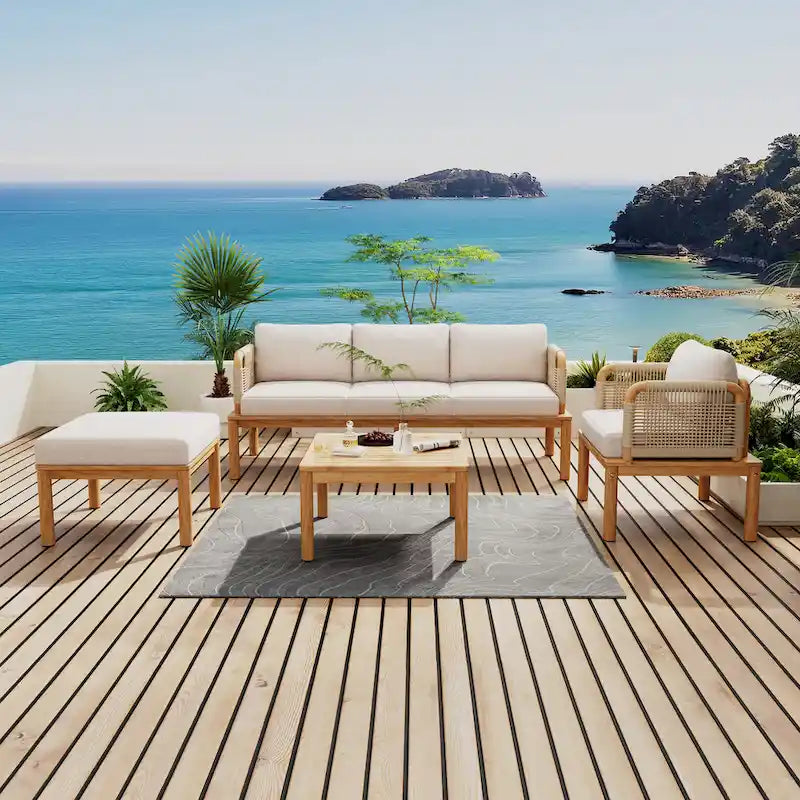 4 Pcs Outdoor Rope Sofa Set, All-Weather Patio Conversation Furniture Set with Acacia Wood Table, Single Sofa and Ottoman