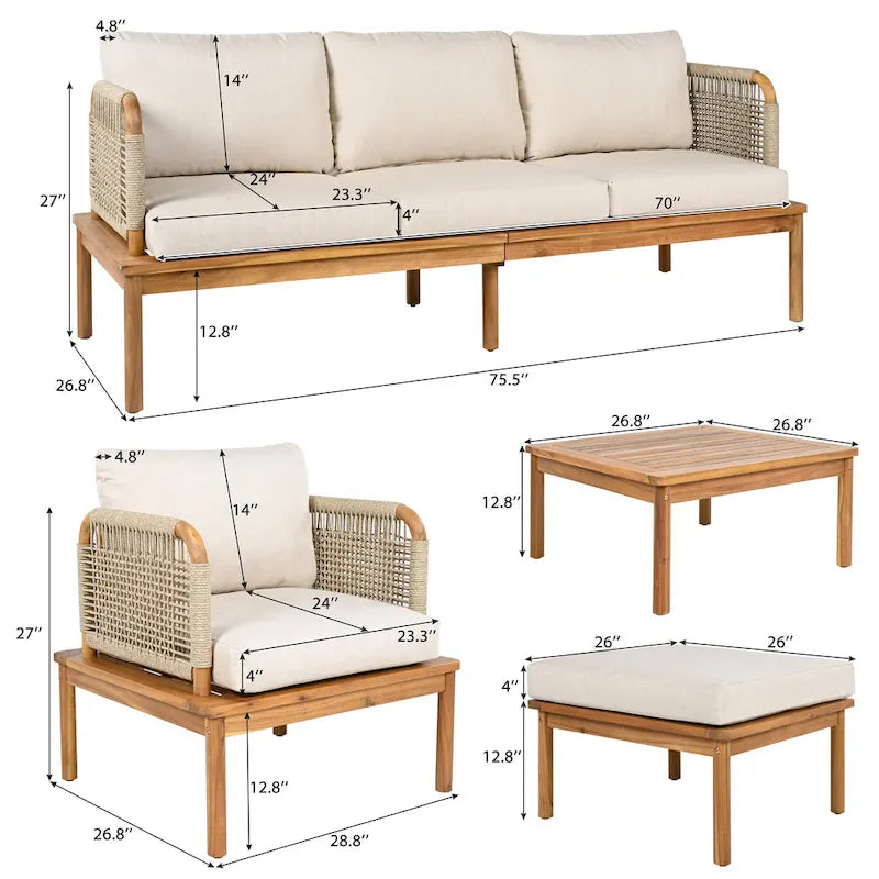 4 Pcs Outdoor Rope Sofa Set, All-Weather Patio Conversation Furniture Set with Acacia Wood Table, Single Sofa and Ottoman