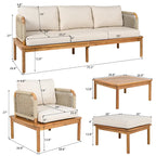 4 Pcs Outdoor Rope Sofa Set, All-Weather Patio Conversation Furniture Set with Acacia Wood Table, Single Sofa and Ottoman