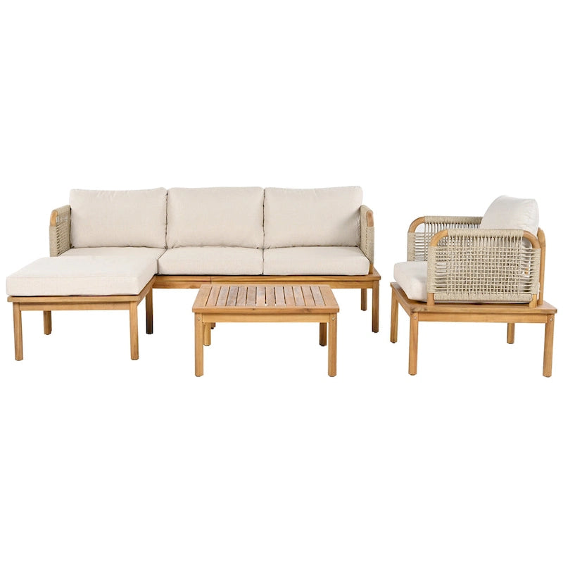 4 Pcs Outdoor Rope Sofa Set, All-Weather Patio Conversation Furniture Set with Acacia Wood Table, Single Sofa and Ottoman