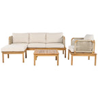 4 Pcs Outdoor Rope Sofa Set, All-Weather Patio Conversation Furniture Set with Acacia Wood Table, Single Sofa and Ottoman