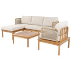 4 Pcs Outdoor Rope Sofa Set, All-Weather Patio Conversation Furniture Set with Acacia Wood Table, Single Sofa and Ottoman