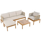 4 Pcs Outdoor Rope Sofa Set, All-Weather Patio Conversation Furniture Set with Acacia Wood Table, Single Sofa and Ottoman