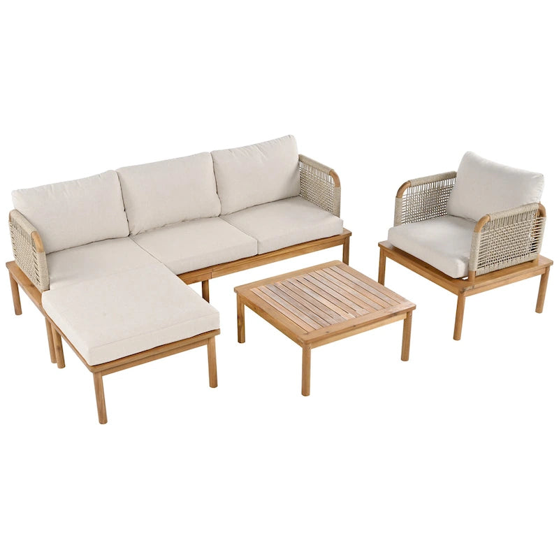 4 Pcs Outdoor Rope Sofa Set, All-Weather Patio Conversation Furniture Set with Acacia Wood Table, Single Sofa and Ottoman