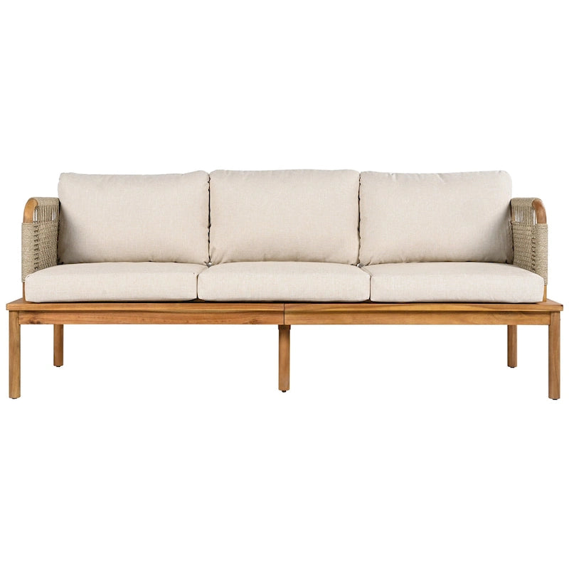 4 Pcs Outdoor Rope Sofa Set, All-Weather Patio Conversation Furniture Set with Acacia Wood Table, Single Sofa and Ottoman