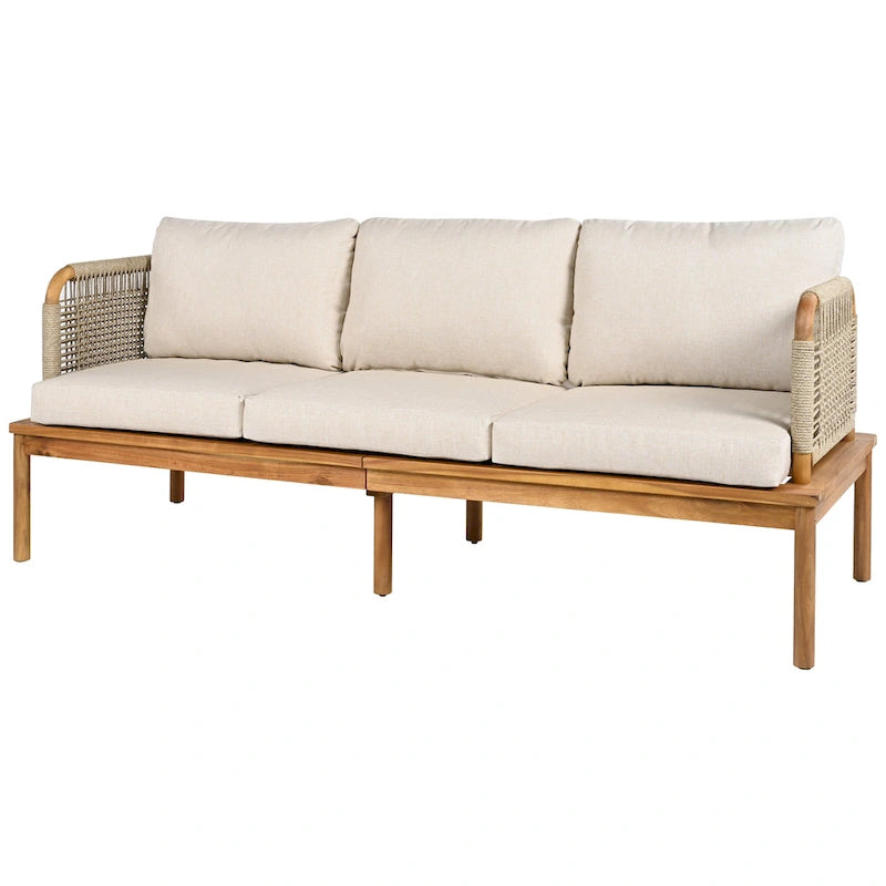 4 Pcs Outdoor Rope Sofa Set, All-Weather Patio Conversation Furniture Set with Acacia Wood Table, Single Sofa and Ottoman