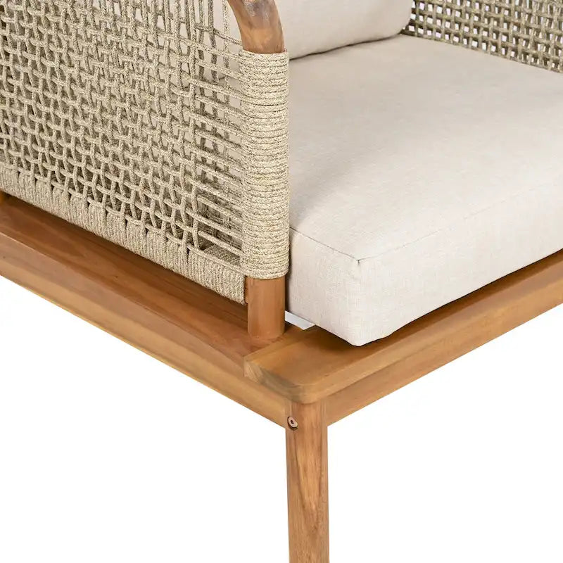 4 Pcs Outdoor Rope Sofa Set, All-Weather Patio Conversation Furniture Set with Acacia Wood Table, Single Sofa and Ottoman