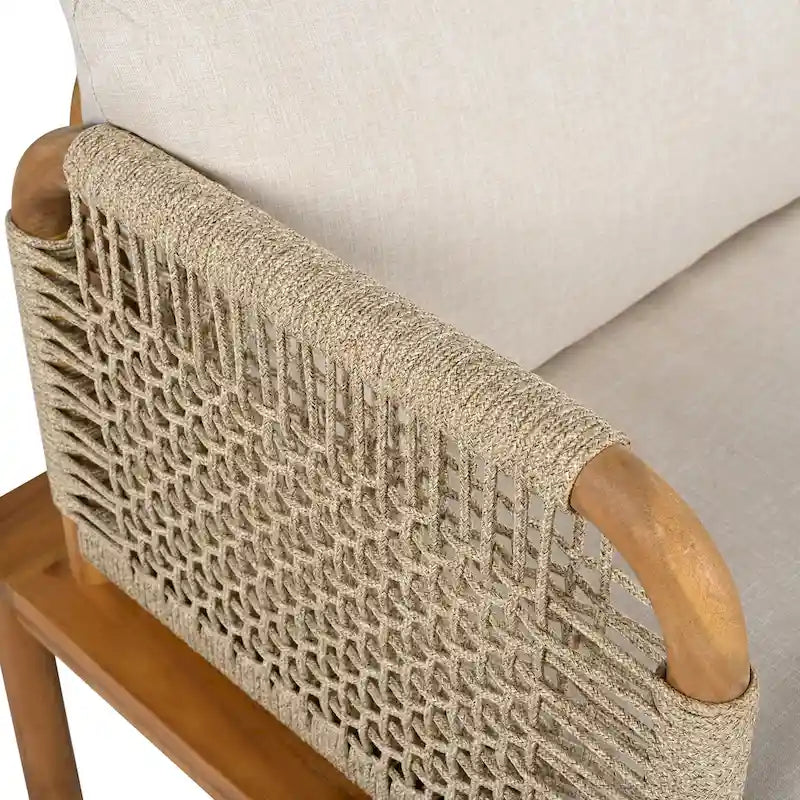 4 Pcs Outdoor Rope Sofa Set, All-Weather Patio Conversation Furniture Set with Acacia Wood Table, Single Sofa and Ottoman