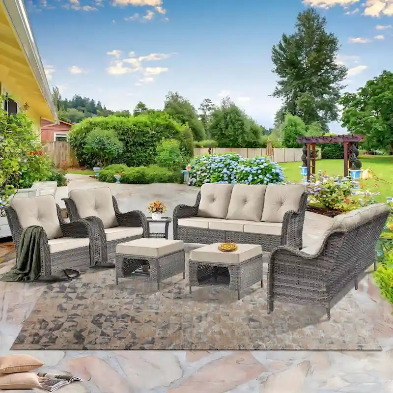 Outdoor Furniture-7 Piece Patio Furniture Set with Swivel Rocker Chair