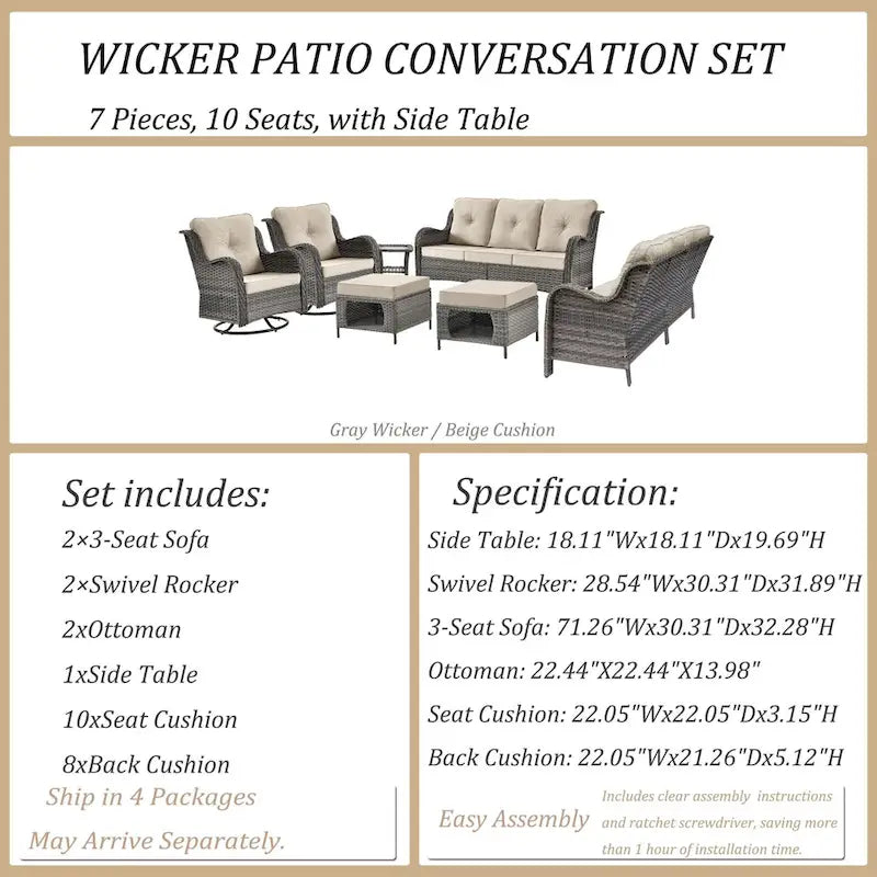 Outdoor Furniture-7 Piece Patio Furniture Set with Swivel Rocker Chair