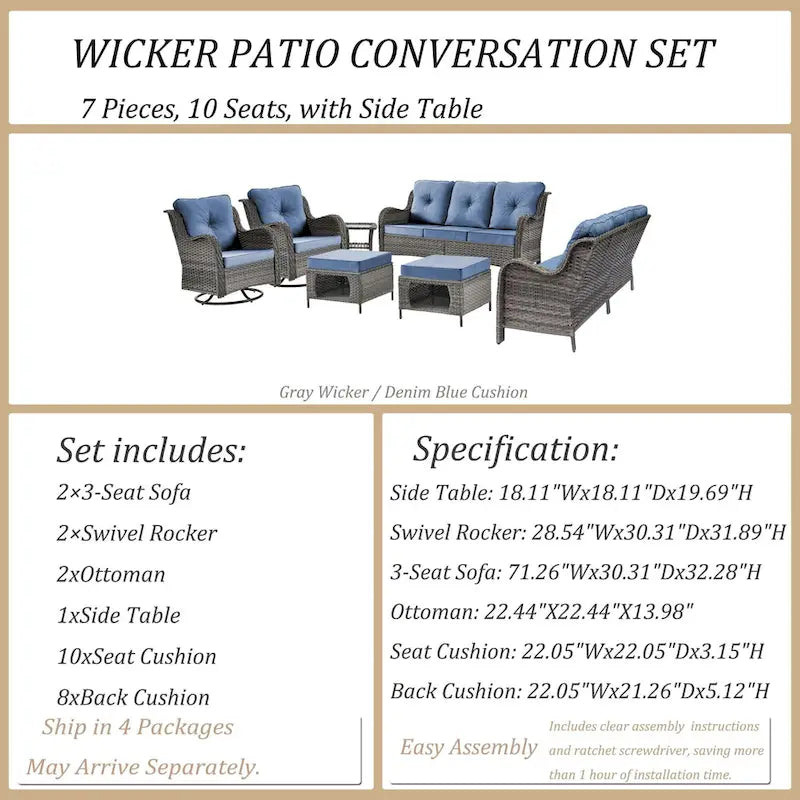 Outdoor Furniture-7 Piece Patio Furniture Set with Swivel Rocker Chair