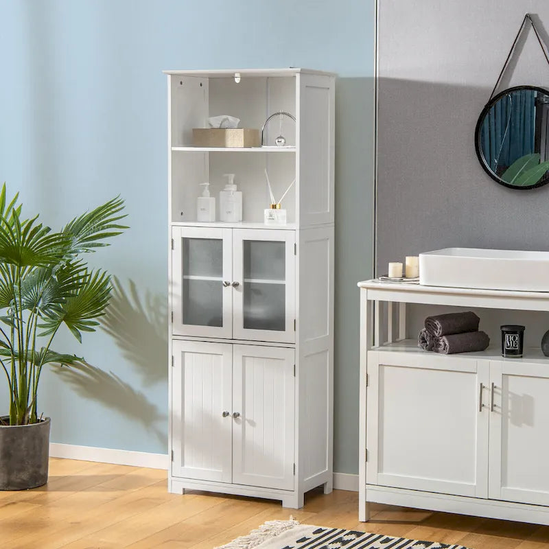 Gymax Bathroom Tall Storage Cabinet Linen Tower w/ Glass Door &