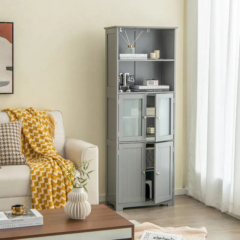 Gymax Bathroom Tall Storage Cabinet Linen Tower w/ Glass Door &