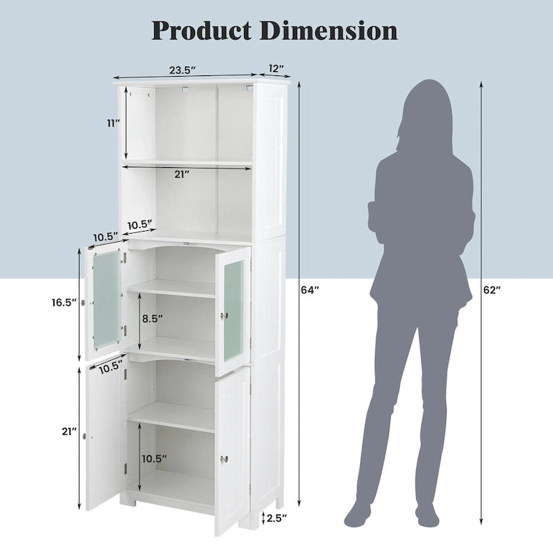 Gymax Bathroom Tall Storage Cabinet Linen Tower w/ Glass Door &