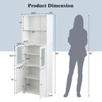 Gymax Bathroom Tall Storage Cabinet Linen Tower w/ Glass Door &