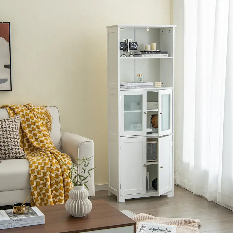 Gymax Bathroom Tall Storage Cabinet Linen Tower w/ Glass Door &