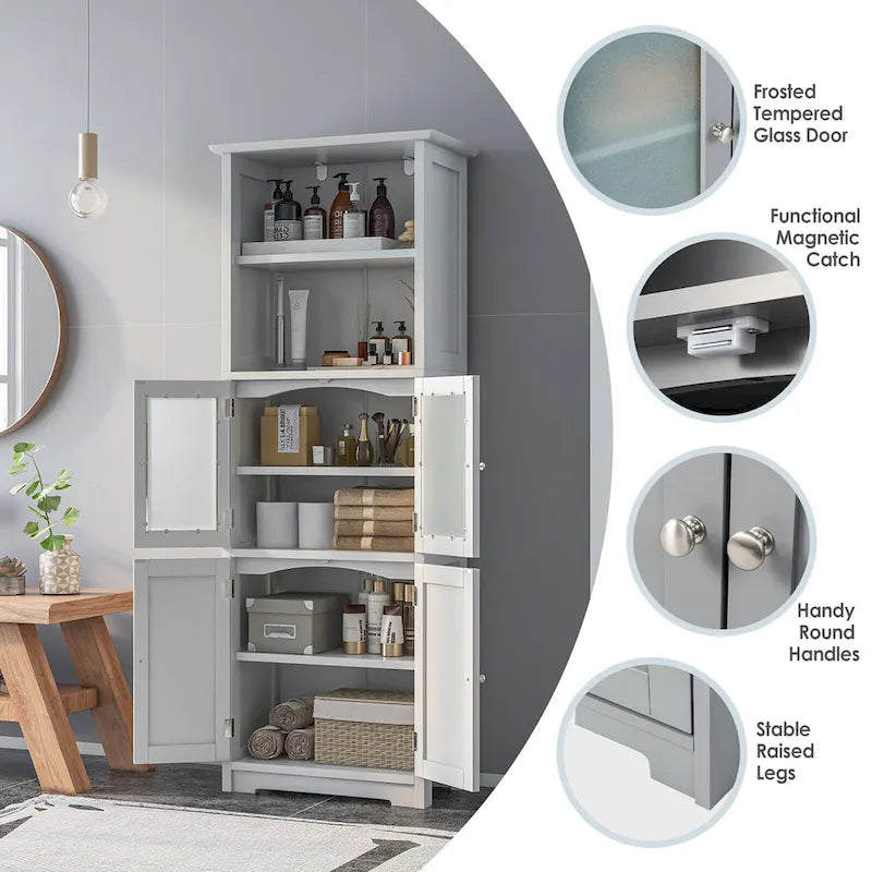 Gymax Bathroom Tall Storage Cabinet Linen Tower w/ Glass Door &