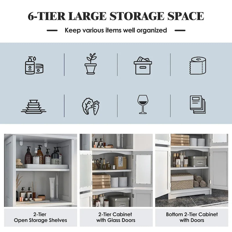 Gymax Bathroom Tall Storage Cabinet Linen Tower w/ Glass Door &