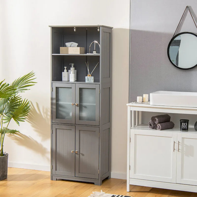 Gymax Bathroom Tall Storage Cabinet Linen Tower w/ Glass Door &