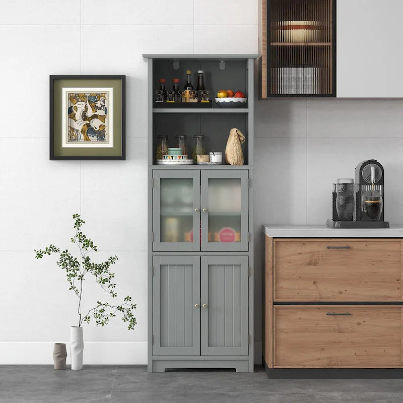 Gymax Bathroom Tall Storage Cabinet Linen Tower w/ Glass Door &