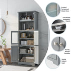 Gymax Bathroom Tall Storage Cabinet Linen Tower w/ Glass Door &