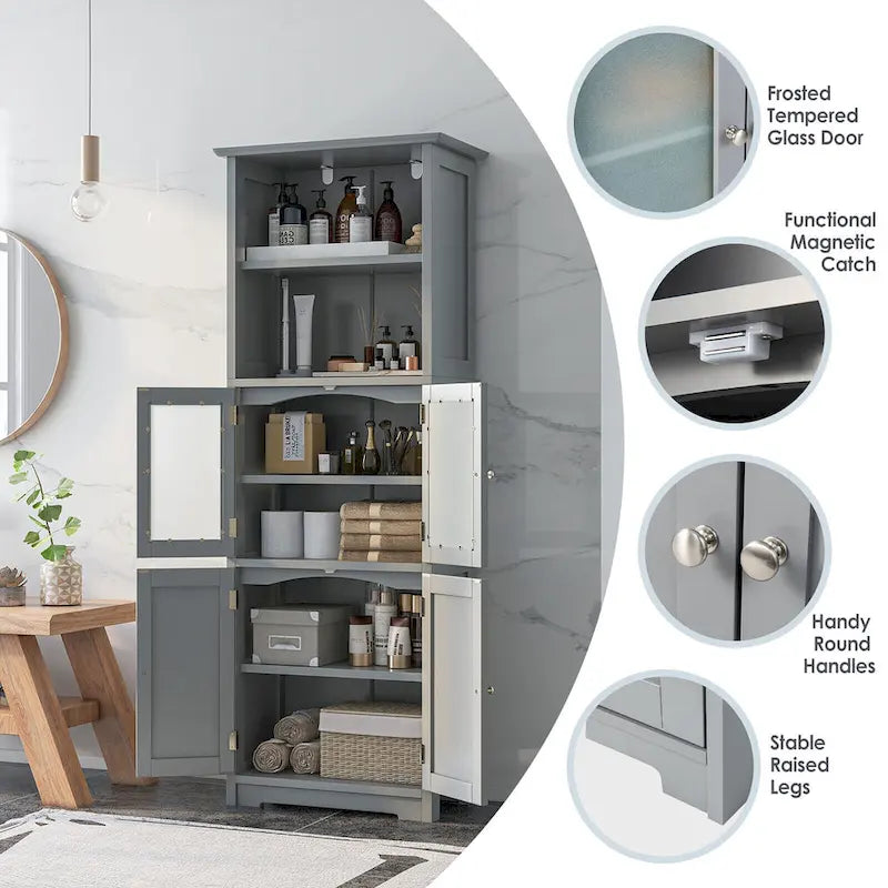 Gymax Bathroom Tall Storage Cabinet Linen Tower w/ Glass Door &