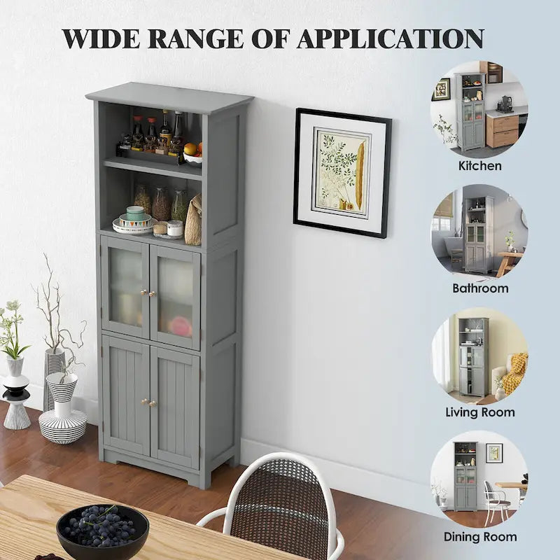 Gymax Bathroom Tall Storage Cabinet Linen Tower w/ Glass Door &