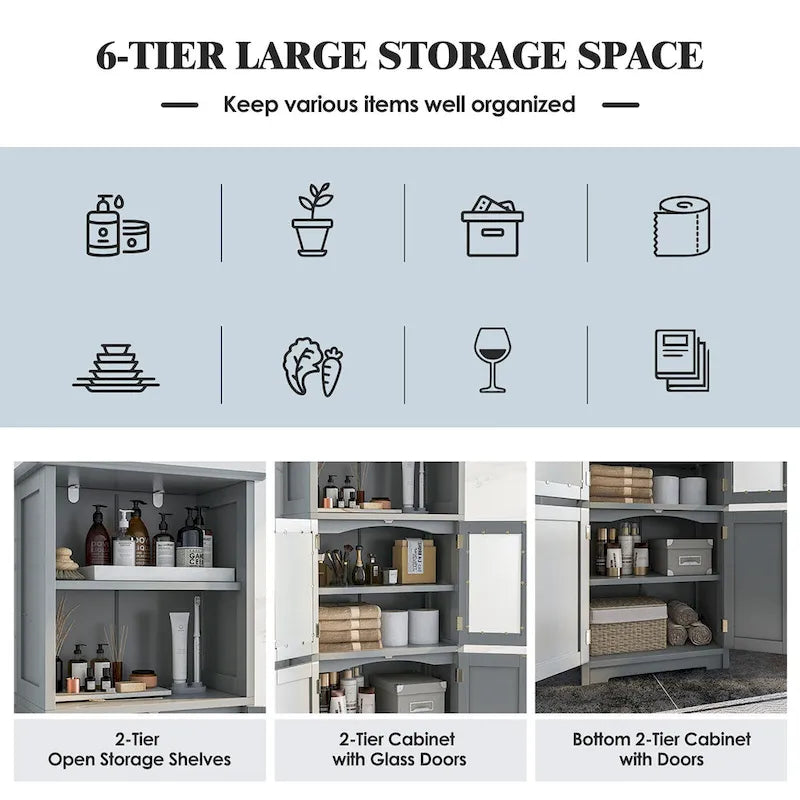 Gymax Bathroom Tall Storage Cabinet Linen Tower w/ Glass Door &